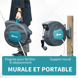 Enrouleur tuyau arrosage automatique pivotant 180° Tuyau 15 + 1,4 m avec Lance arrosage Support Mural intégré Turquoise Gris