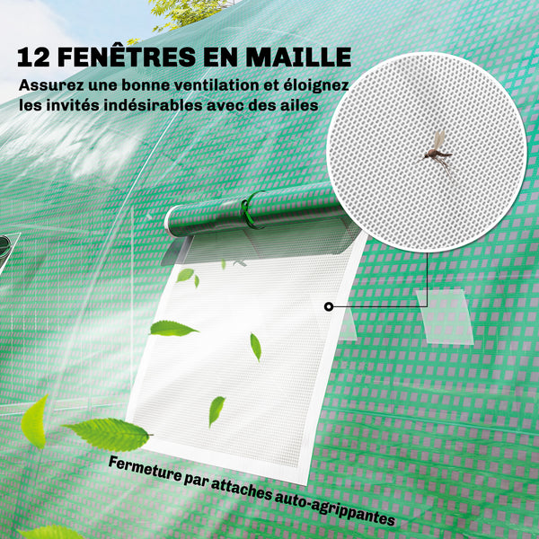 Serre Tunnel 395 x 595 x 199 cm avec 2 Barres de Support, 2 Portes Roulantes et 12 Fenêtres en Maille, Serre de Jardin avec Couverture en PE, Vert