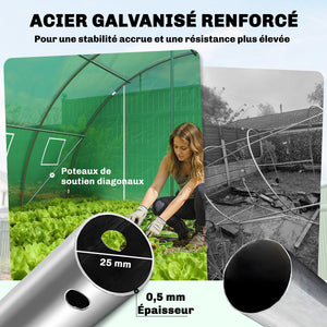 Serre Tunnel 395 x 595 x 199 cm avec 2 Barres de Support, 2 Portes Roulantes et 12 Fenêtres en Maille, Serre de Jardin avec Couverture en PE, Vert