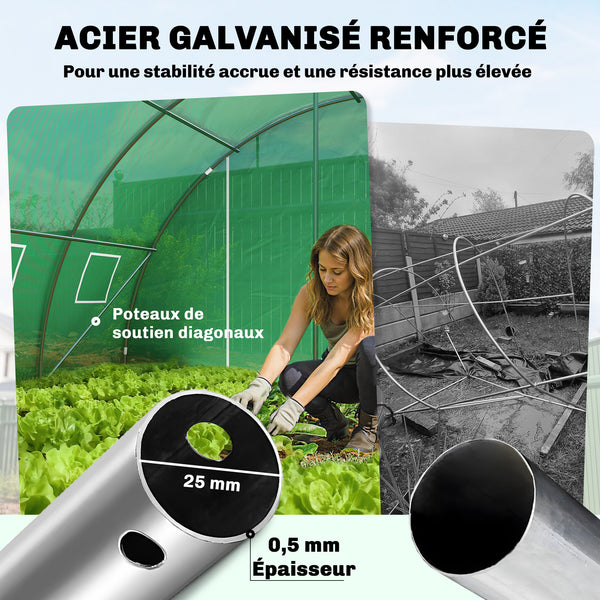 Serre Tunnel 395 x 595 x 199 cm avec 2 Barres de Support, 2 Portes Roulantes et 12 Fenêtres en Maille, Serre de Jardin avec Couverture en PE, Vert