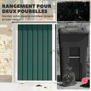 Cache Poubelle Double Acier Galvanisé pour 2 Poubelles de 240L - Abri de Jardin avec Couvercle Lié par Chaînes, Vérins à Gaz et Portes Verrouillables - Coffre de Jardin 179,5x108x129,5cm Vert