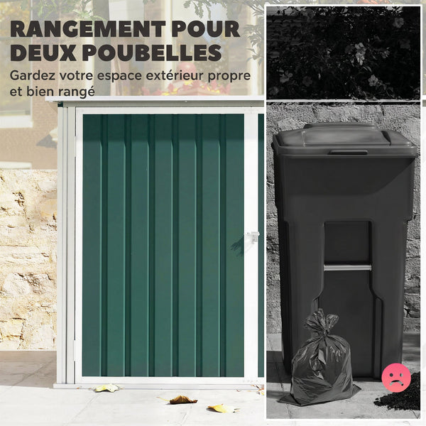 Cache Poubelle Double Acier Galvanisé pour 2 Poubelles de 240L - Abri de Jardin avec Couvercle Lié par Chaînes, Vérins à Gaz et Portes Verrouillables - Coffre de Jardin 179,5x108x129,5cm Vert