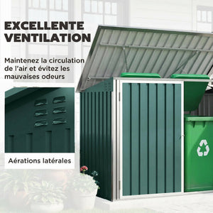 Cache Poubelle Double Acier Galvanisé pour 2 Poubelles de 240L - Abri de Jardin avec Couvercle Lié par Chaînes, Vérins à Gaz et Portes Verrouillables - Coffre de Jardin 179,5x108x129,5cm Vert