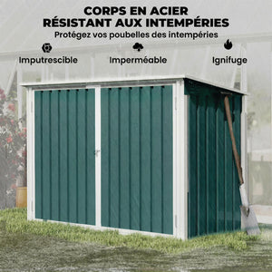 Cache Poubelle Double Acier Galvanisé pour 2 Poubelles de 240L - Abri de Jardin avec Couvercle Lié par Chaînes, Vérins à Gaz et Portes Verrouillables - Coffre de Jardin 179,5x108x129,5cm Vert