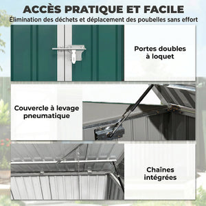 Cache Poubelle Double Acier Galvanisé pour 2 Poubelles de 240L - Abri de Jardin avec Couvercle Lié par Chaînes, Vérins à Gaz et Portes Verrouillables - Coffre de Jardin 179,5x108x129,5cm Vert