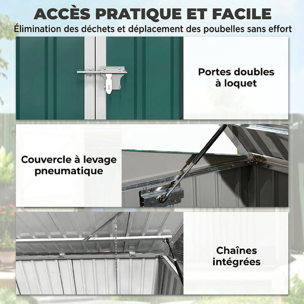 Cache Poubelle Double Acier Galvanisé pour 2 Poubelles de 240L - Abri de Jardin avec Couvercle Lié par Chaînes, Vérins à Gaz et Portes Verrouillables - Coffre de Jardin 179,5x108x129,5cm Vert