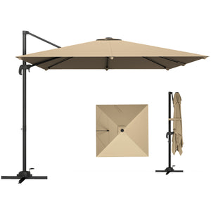 Parasol déporté carré 3 x 3 m, parasol de jardin extérieur, rotation 360°, inclinable 5 positions, 7 baleines, base en croix et manivelle, protection solaire UPF30+, mât en aluminium, kaki