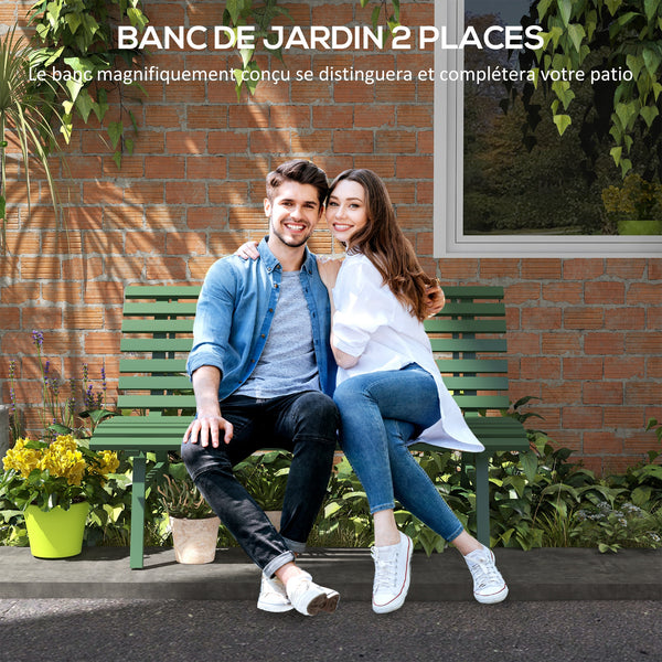 Banc de jardin banquette extérieur 2 Places Assise Dossier à Lattes, en aluminium, dim. 123L x 67l x 79H cm, vert