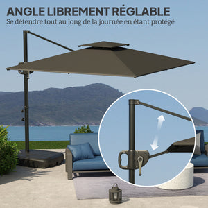 Parasol déporté carré 2,5 x 2,5 m, parasol de jardin extérieur avec manivelle, 2 bases incluses, toile polyester 200 g/m², double toit, 8 baleines, gris foncé