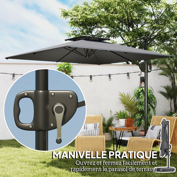 Parasol déporté carré 2,5 x 2,5 m, parasol de jardin extérieur avec manivelle, 2 bases incluses, toile polyester 200 g/m², double toit, 8 baleines, gris foncé