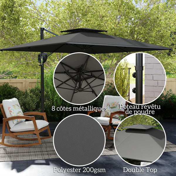 Parasol déporté carré 2,5 x 2,5 m, parasol de jardin extérieur avec manivelle, 2 bases incluses, toile polyester 200 g/m², double toit, 8 baleines, gris foncé