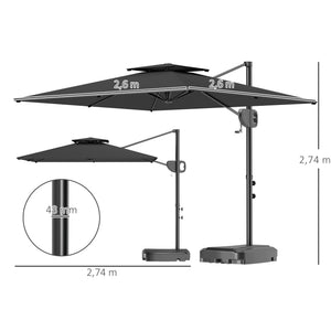 Parasol déporté carré 2,5 x 2,5 m, parasol de jardin extérieur avec manivelle, 2 bases incluses, toile polyester 200 g/m², double toit, 8 baleines, gris foncé