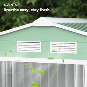 Abri de jardin en métal 2,77 m² cabane de jardin 213 x 130 x 185 cm cabanon rangement outils avec fondation, porte coulissante verrouillables et 4 aérations - vert clair