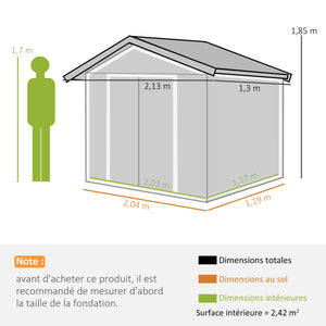 Abri de jardin en métal 2,77 m² cabane de jardin 213 x 130 x 185 cm cabanon rangement outils avec fondation, porte coulissante verrouillables et 4 aérations - vert clair