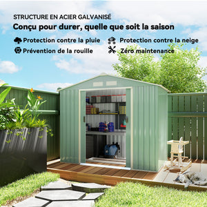 Abri de jardin en métal 2,77 m² cabane de jardin 213 x 130 x 185 cm cabanon rangement outils avec fondation, porte coulissante verrouillables et 4 aérations - vert clair