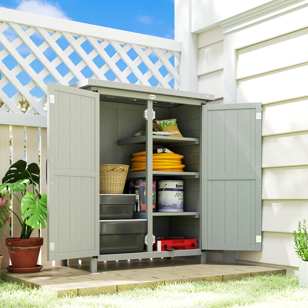 Abri de jardin Armoire de jardin pour outils 75L x 40l x 90H cm 3 étagères 2 portes Toit en asphalte imperméable Bois de sapin gris