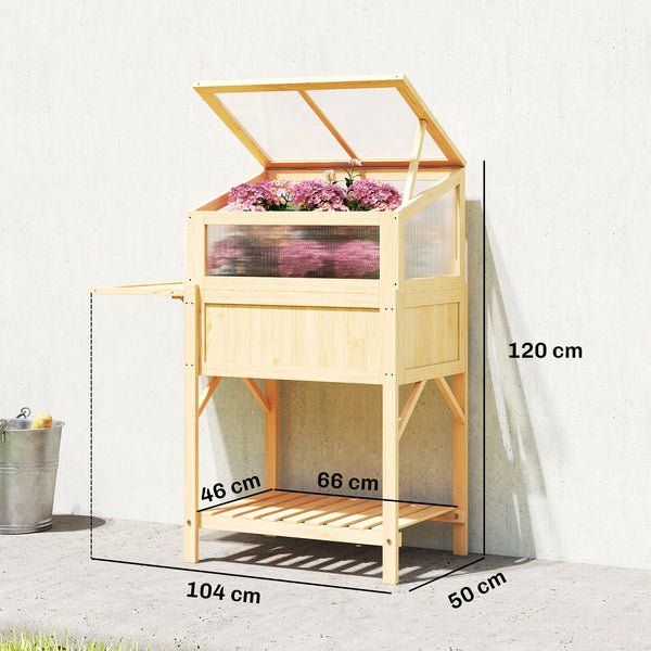 Carré potager sur pieds avec serre, jardinière surélevée en bois avec table latérale pliante et étagère de rangement, pour légumes, fleurs, herbes, 104 x 50 x 120 cm, bois naturel