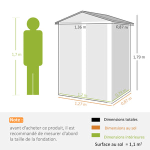 Abri de jardin en métal, cabane de jardin extérieure 136 x 87 x 179 cm, porte coulissante verrouillable, toit pointu et gants, cabanon rangement outils en acier galvanisé, gris foncé