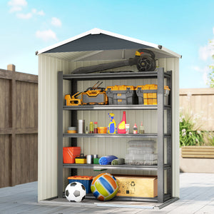 Abri de jardin en métal, cabane de jardin extérieure 136 x 87 x 179 cm, porte coulissante verrouillable, toit pointu et gants, cabanon rangement outils en acier galvanisé, gris foncé