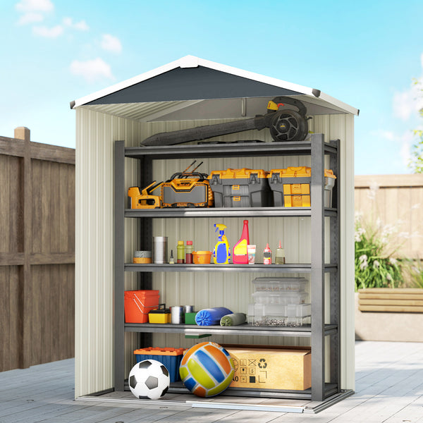Abri de jardin en métal, cabane de jardin extérieure 136 x 87 x 179 cm, porte coulissante verrouillable, toit pointu et gants, cabanon rangement outils en acier galvanisé, gris foncé