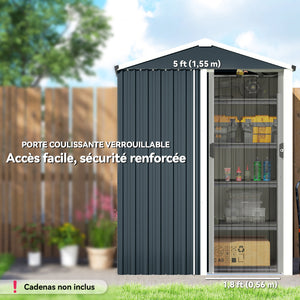 Abri de jardin en métal, cabane de jardin extérieure 136 x 87 x 179 cm, porte coulissante verrouillable, toit pointu et gants, cabanon rangement outils en acier galvanisé, gris foncé