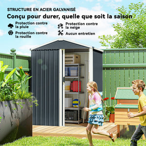 Abri de jardin en métal, cabane de jardin extérieure 136 x 87 x 179 cm, porte coulissante verrouillable, toit pointu et gants, cabanon rangement outils en acier galvanisé, gris foncé