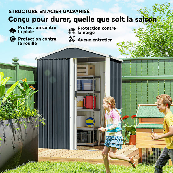 Abri de jardin en métal, cabane de jardin extérieure 136 x 87 x 179 cm, porte coulissante verrouillable, toit pointu et gants, cabanon rangement outils en acier galvanisé, gris foncé