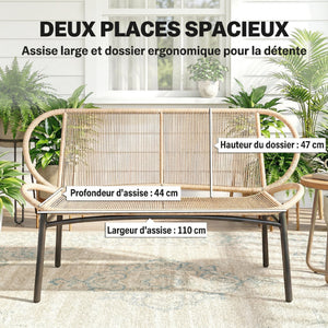 Banc de Jardin 2 Places en Résine Tressée, Banc Extérieur, Dossier et Assise Respirants, Résistant aux Intempéries, Cadre en Métal, Capacité 320kg, pour Patio, Terrasse, 138x62x83cm, Naturel