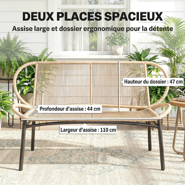 Banc de Jardin 2 Places en Résine Tressée, Banc Extérieur, Dossier et Assise Respirants, Résistant aux Intempéries, Cadre en Métal, Capacité 320kg, pour Patio, Terrasse, 138x62x83cm, Naturel