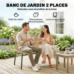 Banc de Jardin 2 Places en Résine Tressée, Banc Extérieur, Dossier et Assise Respirants, Résistant aux Intempéries, Cadre en Métal, Capacité 320kg, pour Patio, Terrasse, 138x62x83cm, Naturel