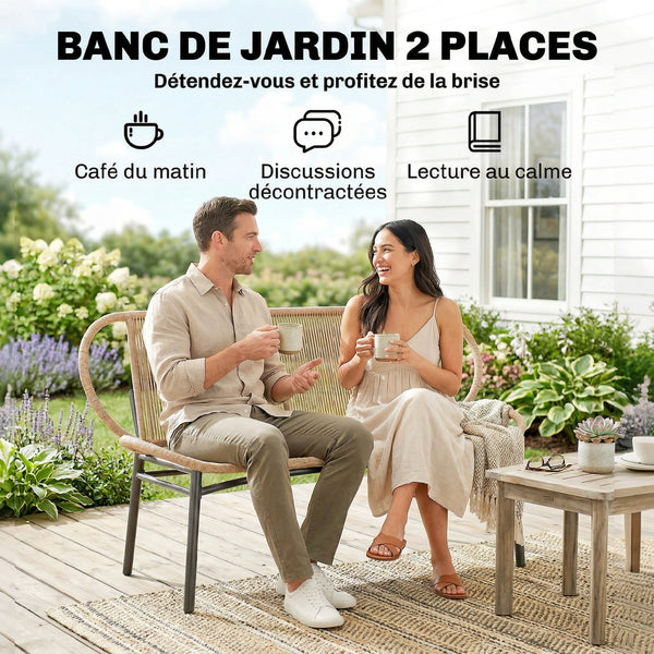 Banc de Jardin 2 Places en Résine Tressée, Banc Extérieur, Dossier et Assise Respirants, Résistant aux Intempéries, Cadre en Métal, Capacité 320kg, pour Patio, Terrasse, 138x62x83cm, Naturel