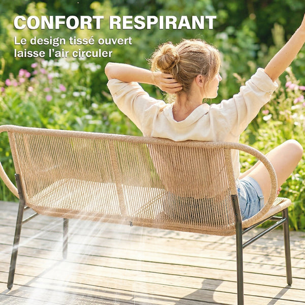 Banc de Jardin 2 Places en Résine Tressée, Banc Extérieur, Dossier et Assise Respirants, Résistant aux Intempéries, Cadre en Métal, Capacité 320kg, pour Patio, Terrasse, 138x62x83cm, Naturel