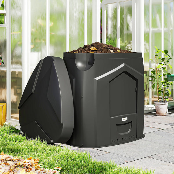 Composteur de jardin, 240L, bac à compost extérieur, triangulaire, 78 x 75 x 78 cm, en polypropylène, avec 3 Portes, 66 Aérations et Fond Ouvert, Inclus Gants et Tournevis, Noir