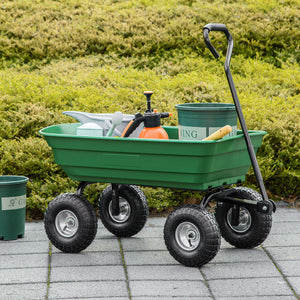 Chariot de jardin 100L charge 250 kg, 4 roues pneumatiques, poignée réglable, remorque à main pour extérieur cadre en acier vert