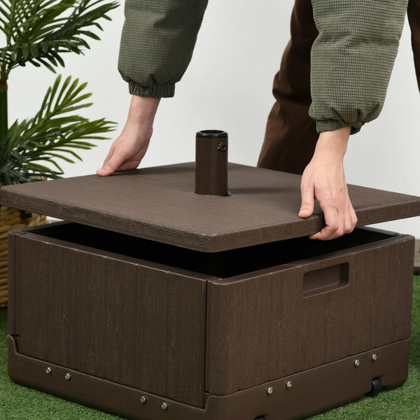 Pied de parasol base de lestage table d'appoint jardinière avec drainage roulettes et poignées PE et métal dim. 53L x 53l x 47H cm marron