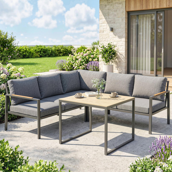 Salon de Jardin Extérieur 3 Pièces 5 Personnes, 2 Canapés avec Coussins Amovibles Épais, 1 Table Basse avec Plateau en Verre, Ensemble de Canapé Extérieur pour Terrasse Balcon, Gris Foncé