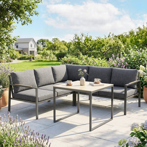 Salon de Jardin Extérieur 3 Pièces 5 Personnes, 2 Canapés avec Coussins Amovibles Épais, 1 Table Basse avec Plateau en Verre, Ensemble de Canapé Extérieur pour Terrasse Balcon, Gris Foncé