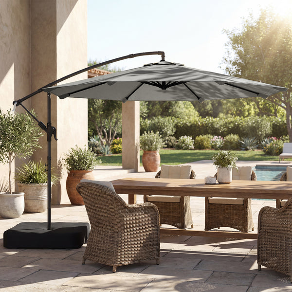 Parasol Déporté de Jardin 3 m avec Base Croisée et Sac de Sable de 80 kg à Remplir, Parasol Banane Rotatif 360° avec Manivelle, Gris