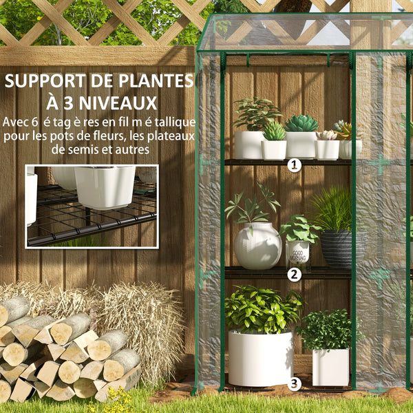 Serre de jardin PE avec étagères 3 niveaux, serre de balcon, bâche renforcée 140 g/m², châssis en acier, 2 portes zippées enroulables, pour légumes plantes fleurs, 143x46x51cm, transparent