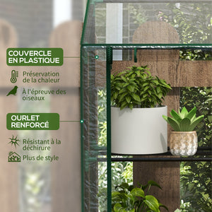 Serre de jardin PE avec étagères 3 niveaux, serre de balcon, bâche renforcée 140 g/m², châssis en acier, 2 portes zippées enroulables, pour légumes plantes fleurs, 143x46x51cm, transparent