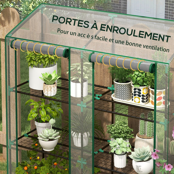 Serre de jardin PE avec étagères 3 niveaux, serre de balcon, bâche renforcée 140 g/m², châssis en acier, 2 portes zippées enroulables, pour légumes plantes fleurs, 143x46x51cm, transparent