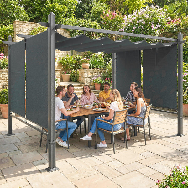 Pergola en Aluminium 3x4 m avec Stores Automatiques - Tonnelle de Jardin Coulissante Rétractable - Abri de Terrasse Robuste avec Trous de Drainage et Protection UV50+, Gris Anthracite