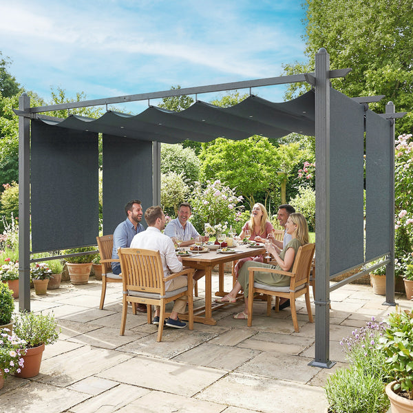 Pergola en Aluminium 3x4 m avec Stores Automatiques - Tonnelle de Jardin Coulissante Rétractable - Abri de Terrasse Robuste avec Trous de Drainage et Protection UV50+, Gris Anthracite