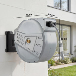 Enrouleur Tuyau Arrosage Mural 40+2 m Pivotant à 180°, Dévidoir de Tuyaux d'Eau, Buse 2 Modes, Rembobinage Auto et Progressif avec Verrou, Adaptateurs, pour Jardin, Lavage de Voiture, Gris