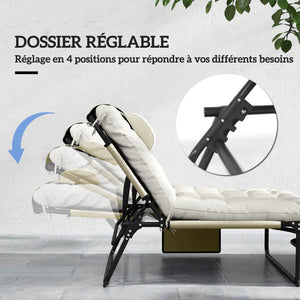 Lot de 2 transats bains de soleil pliable avec dossier inclinable 4 positions - appui-tête et Matelas épais ultra confortable - tissu textilène et acier, beige