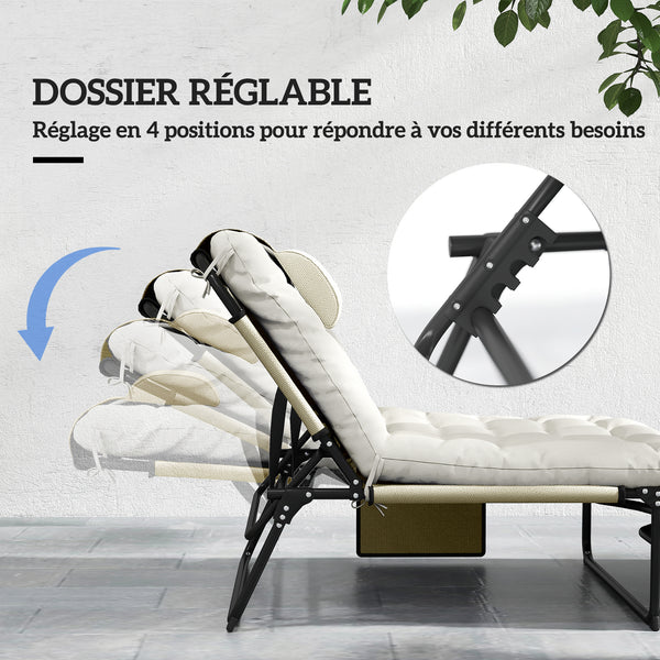 Lot de 2 transats bains de soleil pliable avec dossier inclinable 4 positions - appui-tête et Matelas épais ultra confortable - tissu textilène et acier, beige