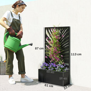 Jardinière avec treillis, bac à fleurs, lit surélevé avec brise-vue, pour plantes grimpantes, légumes, fleurs, métal, pour cour, jardin, balcon, 61 x 23 x 113 cm, noir