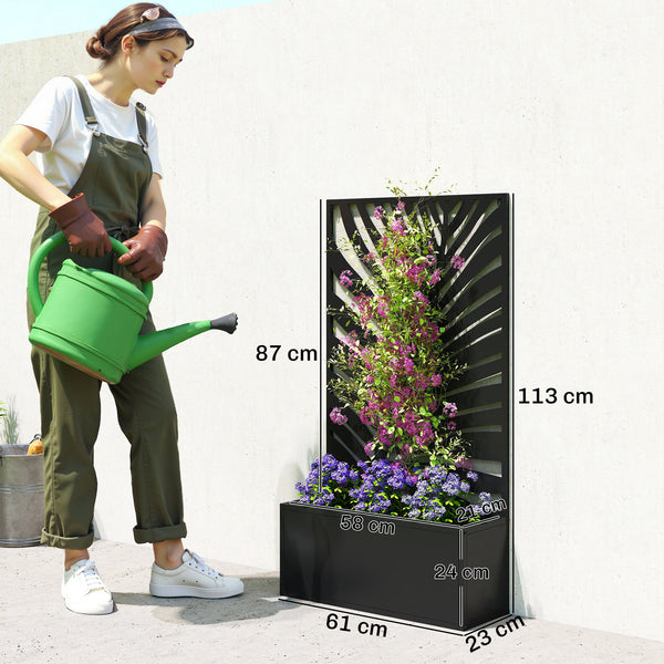 Jardinière avec treillis, bac à fleurs, lit surélevé avec brise-vue, pour plantes grimpantes, légumes, fleurs, métal, pour cour, jardin, balcon, 61 x 23 x 113 cm, noir