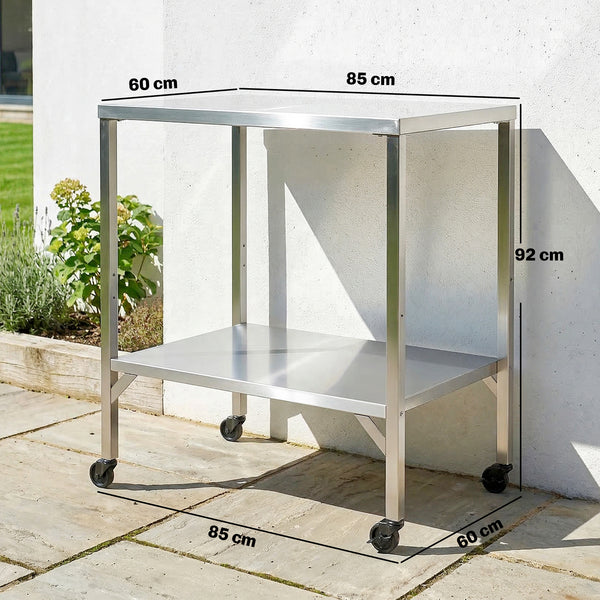 Chariot de Barbecue en Acier Inoxydable - Table de Préparation Extérieur de 85x60cm avec Plan de Travail et Roulettes - Desserte de Jardin Stable pour Four à Pizza et Grill, Argenté