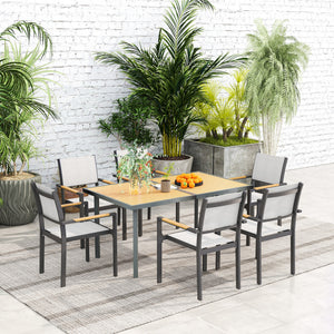 Table à manger de jardin pour 6 personnes, table de jardin avec plateau effet bois rectangulaire en acier anti-rouille pour patio, terrasse, 150 x 90 x 72 cm, bois naturel